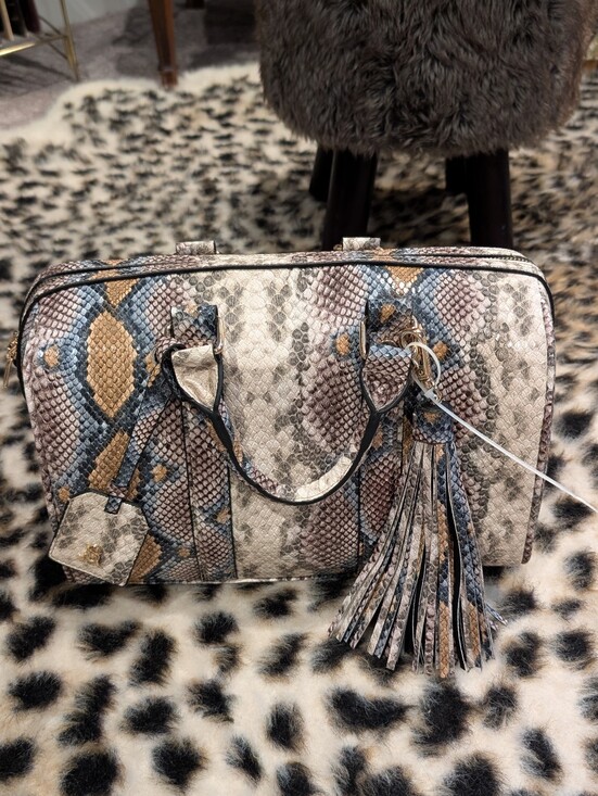 Steve Madden Handbags - Snake-Print Satchel Bag in Beige & Blue with Tassel - Steve Madden